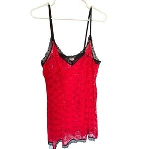 Linea Donatella Red Satin Black Lace Slip Midi Negligee
